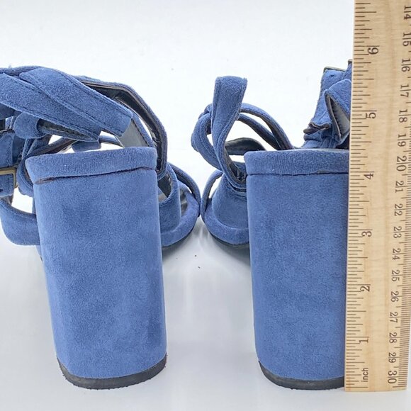 FSJ Blue Chunky High Heel Sandals Velvet Peep Toe Ankle Strap with Buckle Shoes - Picture 4 of 7